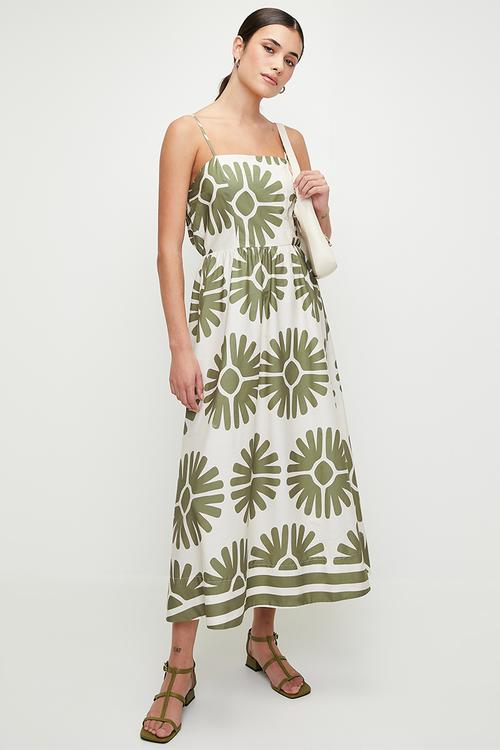 Linen blend fit & flare cami midi dress - green falling fans dbl border