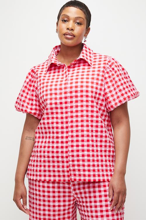 Plus Concelaed Front Shirt With Balloon Sleeve - Red