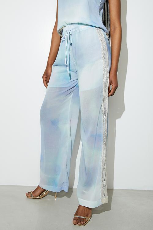 Co-ord sequin side stripe wide leg - oceanic soft focus