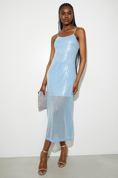 Strappy sequin midi dress - baby blue