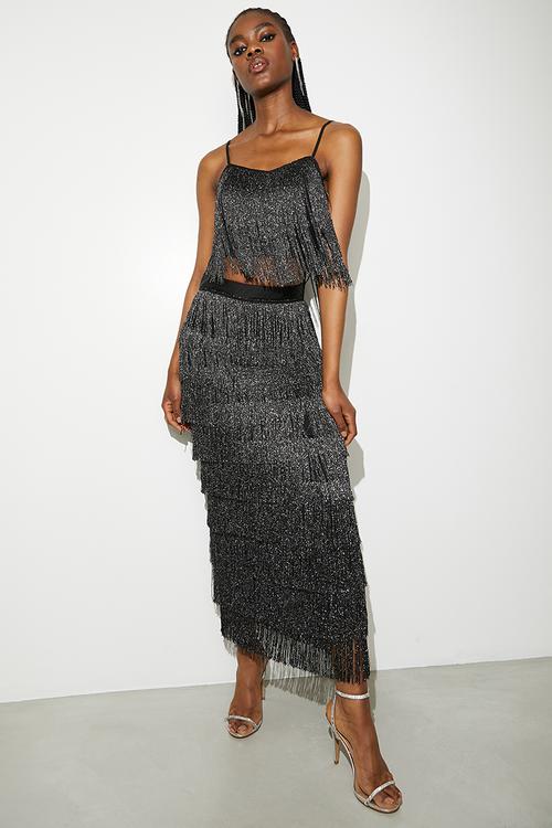 Fringe crop shell - silver & black