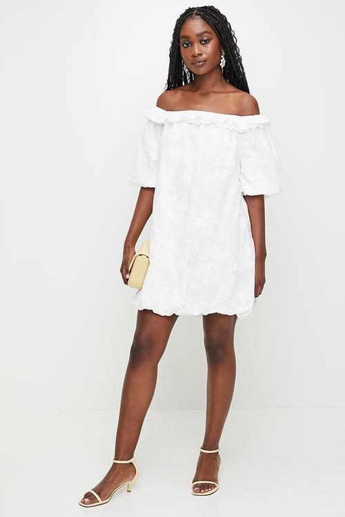 Ruffle bardot mini dress - white
