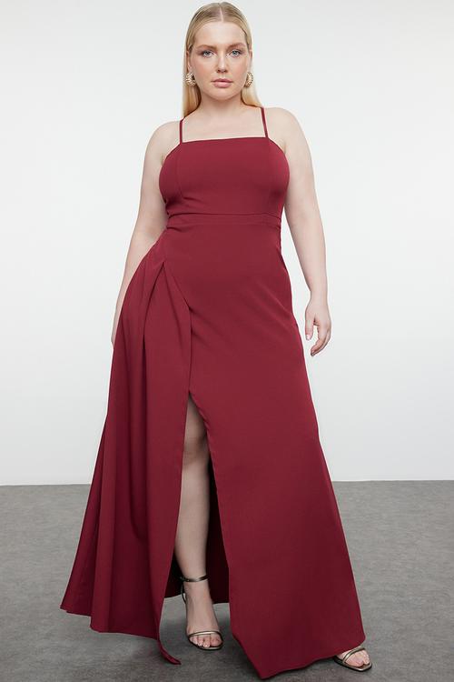 Strap Slit Long Woven Plus Size Evening Dress - Plum