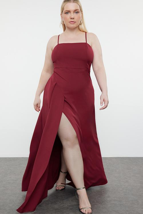Strap Slit Long Woven Plus Size Evening Dress - Plum