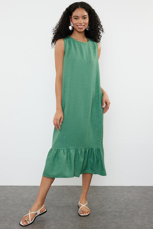 Straight Cut Skirt Flounce Woven Dress - Green