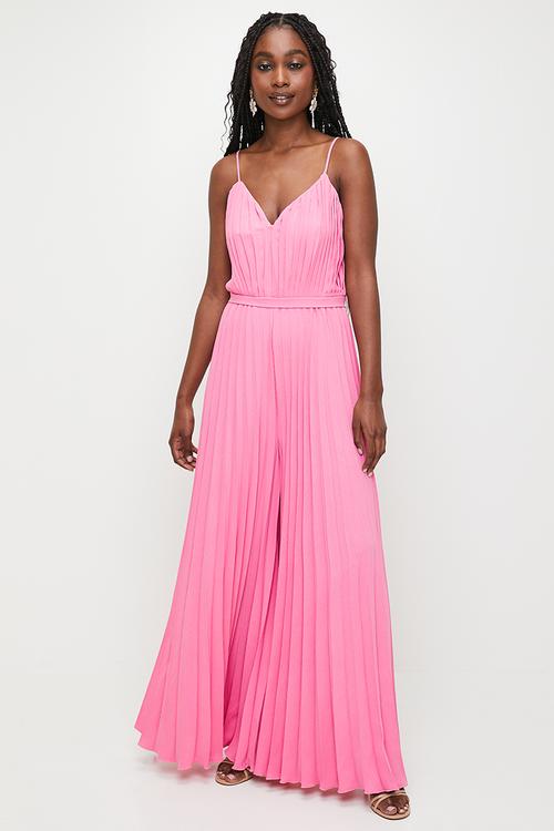 Pleated v-neck strappy jumpsuit - pink cosmos