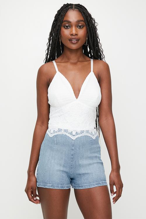 Crochet And Denim Playsuit - Light Vintage