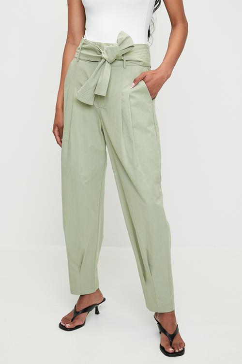 Barrel leg trouser with self fabric tie belt - olive
