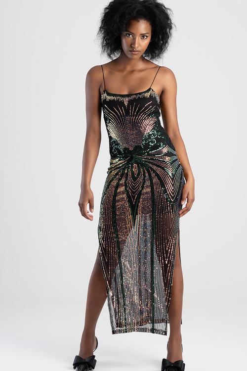 One To Watch: Basic Glam Maxi Dress With Shaped Neckline - Black/Holographic