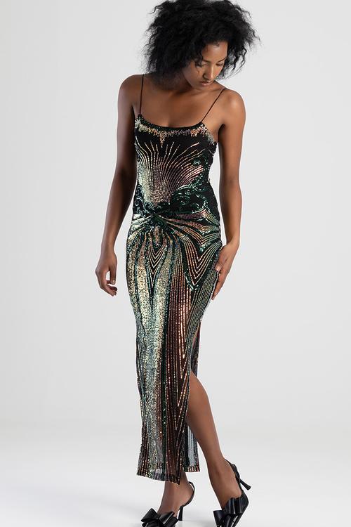 One To Watch: Basic Glam Maxi Dress With Shaped Neckline - Black/Holographic