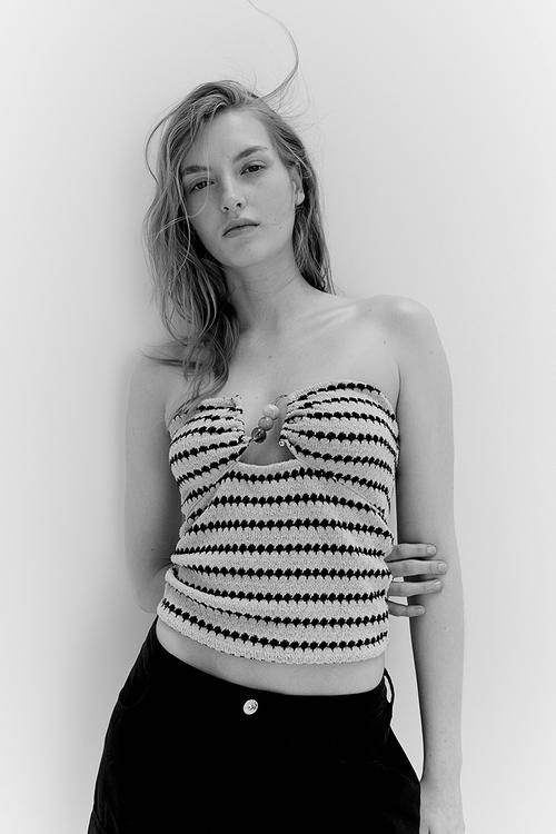 Bead-detail textured-knit tube top - cream striped