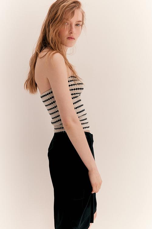 Bead-detail textured-knit tube top - cream striped