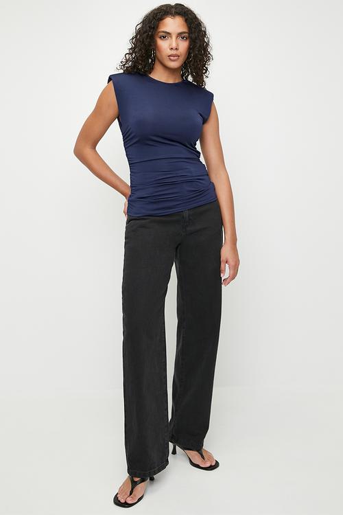 Power Shoulder Ruched Detail Tee - Navy