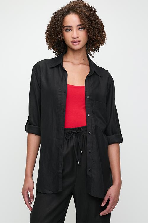 Linen One Pocket Shirt  - Black