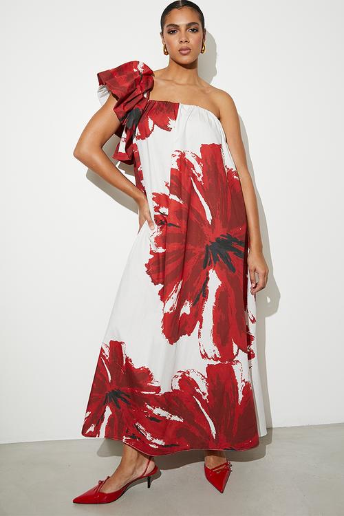 Statement Trapeze Maxi - Hand Drawn Red Macro Floral 