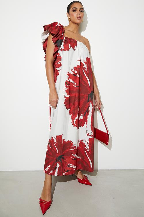 Statement Trapeze Maxi - Hand Drawn Red Macro Floral 