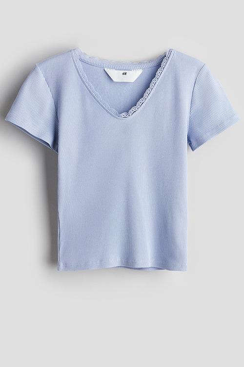Lace-trimmed cotton top - light blue