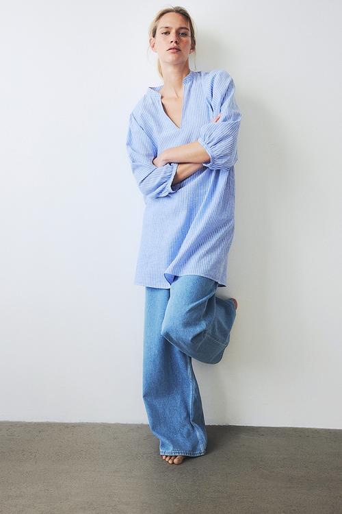 Linen-blend dress - blue/striped 