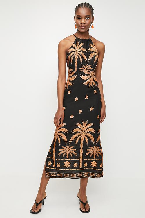 Linen look halter slip dress -  stualised palm dbl border