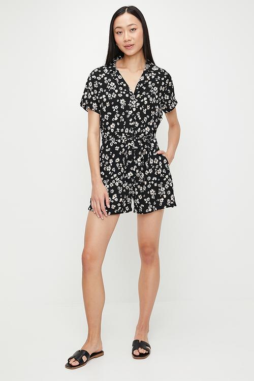 Shasta Daisy Print Playsuit - Black