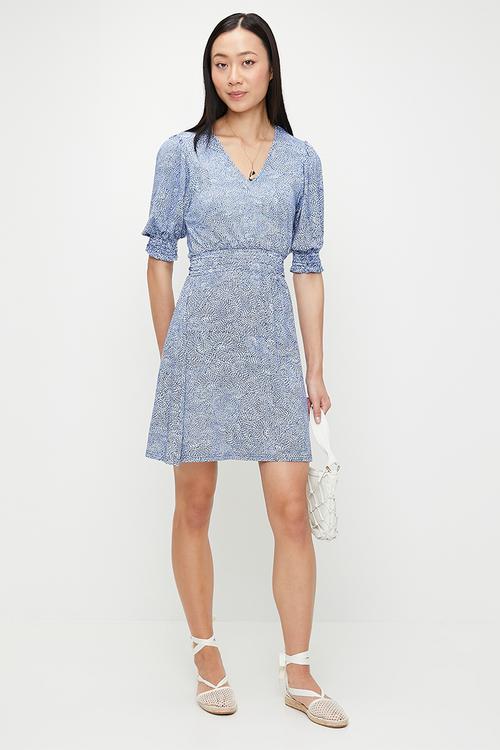 Bernice Shirred Dress Short    - Placid blue/Dark Navy/White