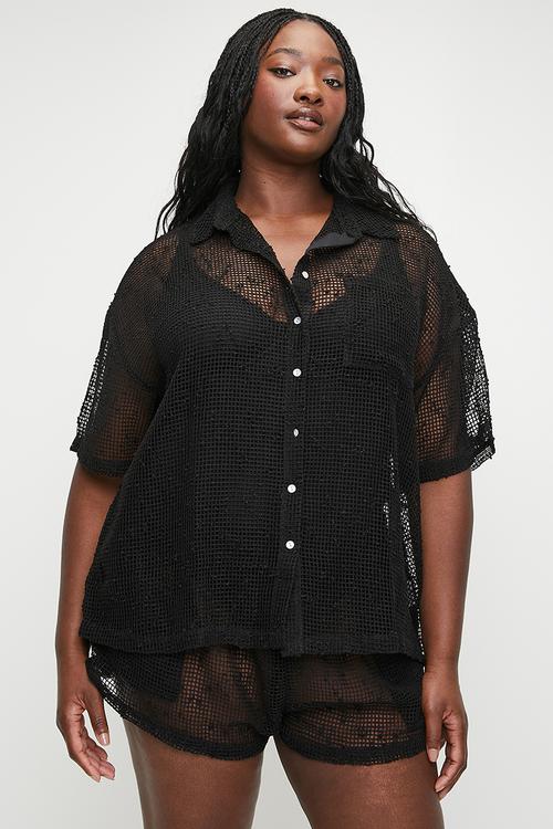 Plus The Essential Short Sleeve Beach Shirt - Black/Open Mesh