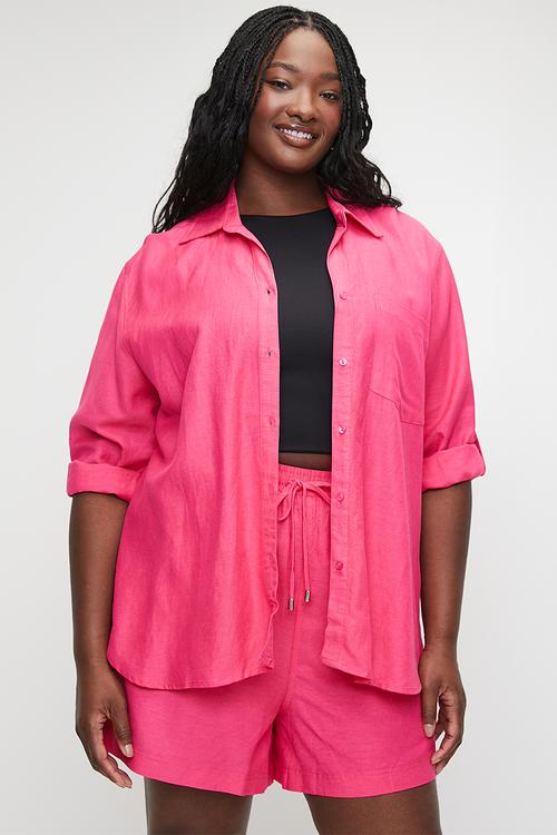 Plus Linen One Pocket Shirt  - Pink