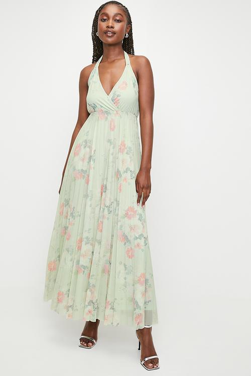Pleated Mesh Dress with Ties - 	Sage Watercolour Vintage Floral