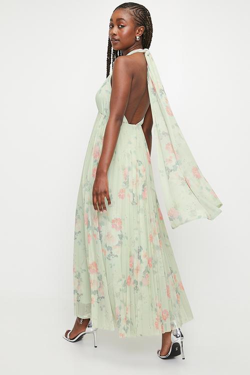 Pleated Mesh Dress with Ties - 	Sage Watercolour Vintage Floral