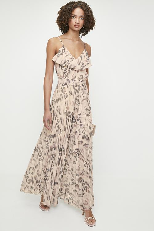 Ruffle wide leg pleated jumpsuit - Natural Watery Leopard