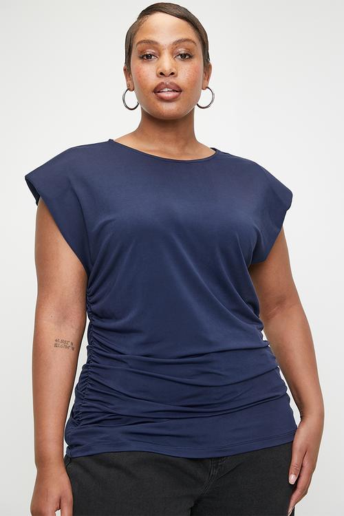 Power shoulder ruched detail tee - navy