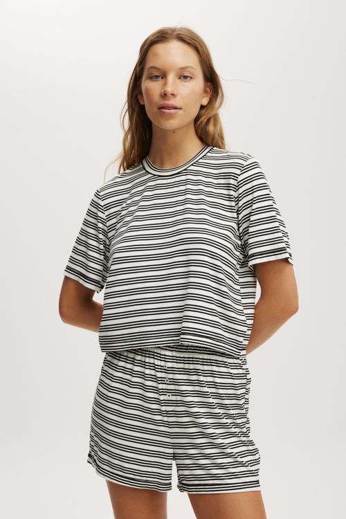 Dreamy Short Sleeve Jersey Sleep Set - Black/White Stripe