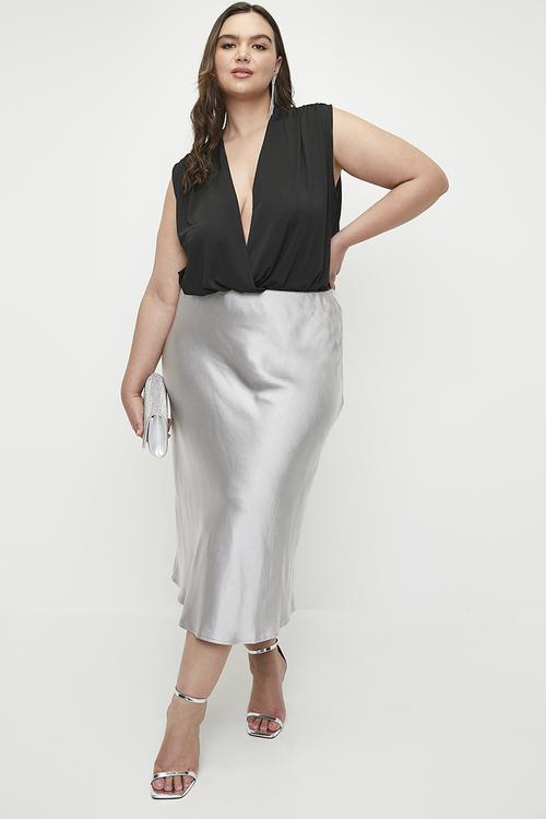 V-neck wrap over combo bodysuit plus - black