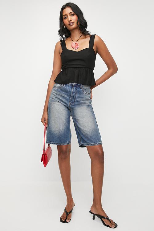 Linen peplum cami - black