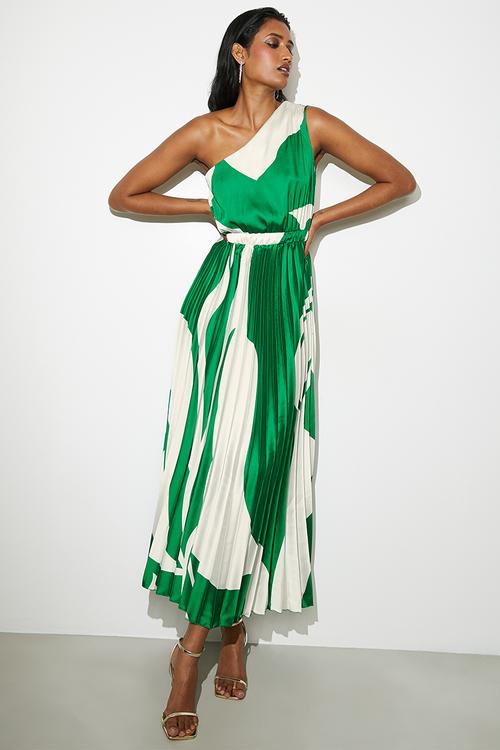 Asymmetric sunray pleated maxi dress - emerald macro colour block