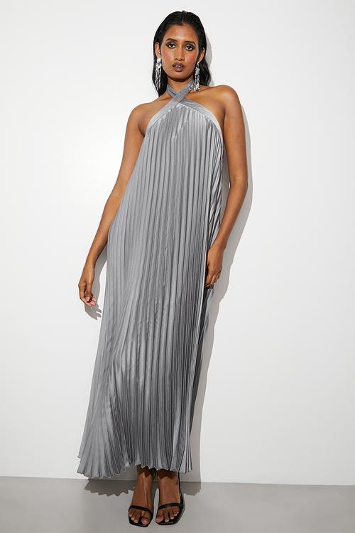 Pleated halter trapeze dress - grey