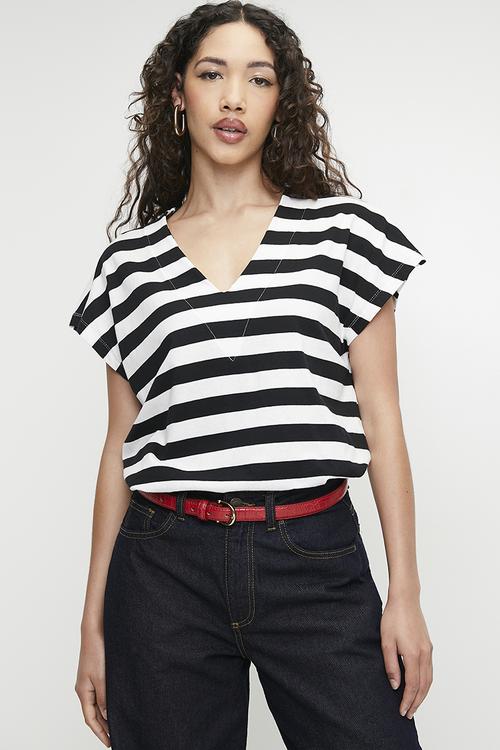 Oversized V-Neck Tee - Ecru/Black Stripe