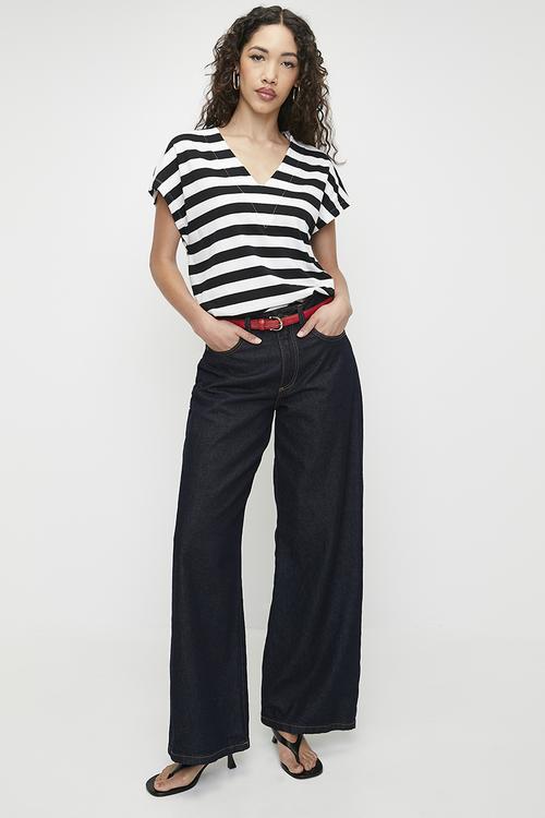 Oversized V-Neck Tee - Ecru/Black Stripe