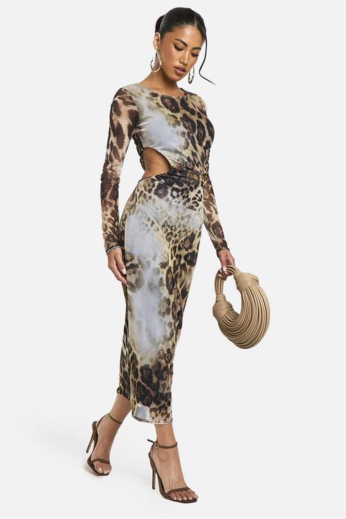 Cut Out Long Sleeve Ruched Leopard Mesh Midaxi Dress - Brown