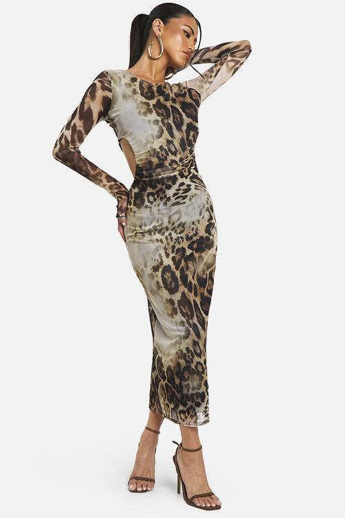 Cut Out Long Sleeve Ruched Leopard Mesh Midaxi Dress - Brown