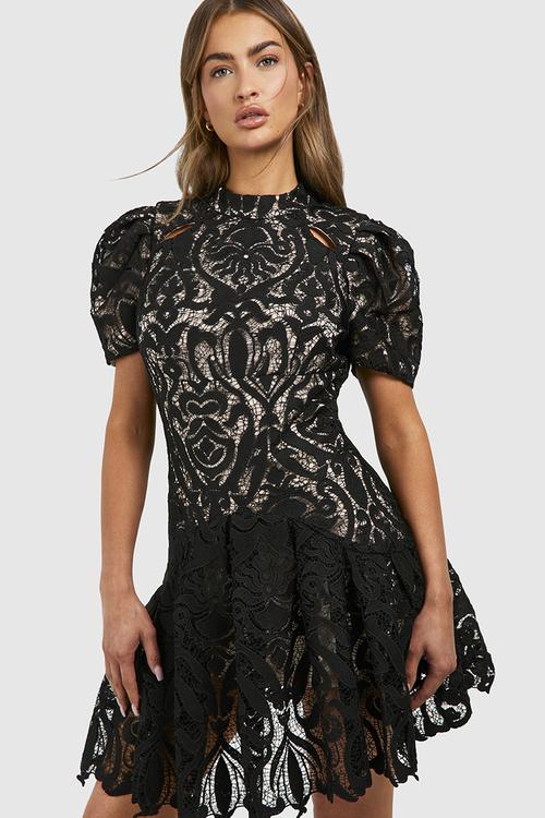 Premium Crochet Lace Puff Sleeve Mini Dress - Black