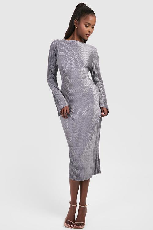Plisse Flare Sleeve Midaxi Dress - Slate