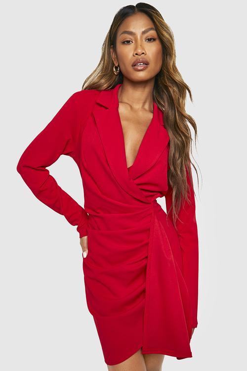Ruched Drape Long Sleeve Blazer Dress - Red