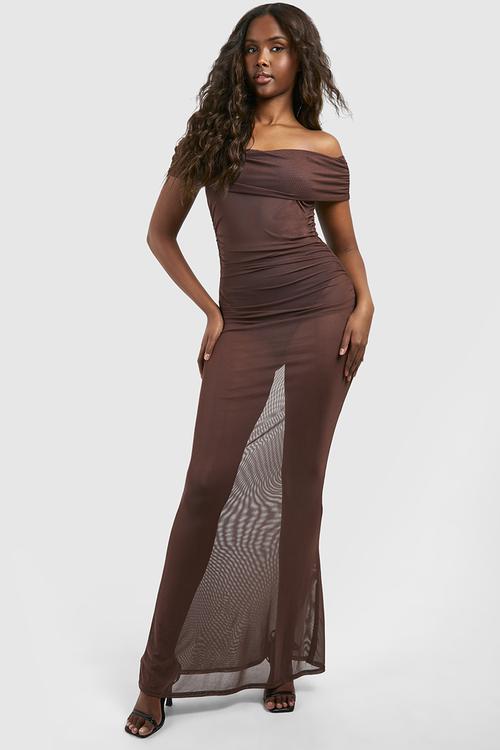 Ruched Mesh Bardot Maxi Dress - Chocolate