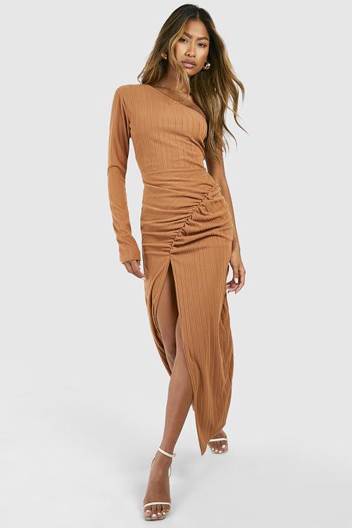 One Shoulder Rib Split Leg Midaxi Dress - Rust