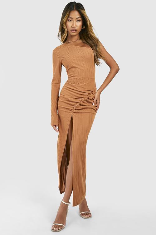 One Shoulder Rib Split Leg Midaxi Dress - Rust