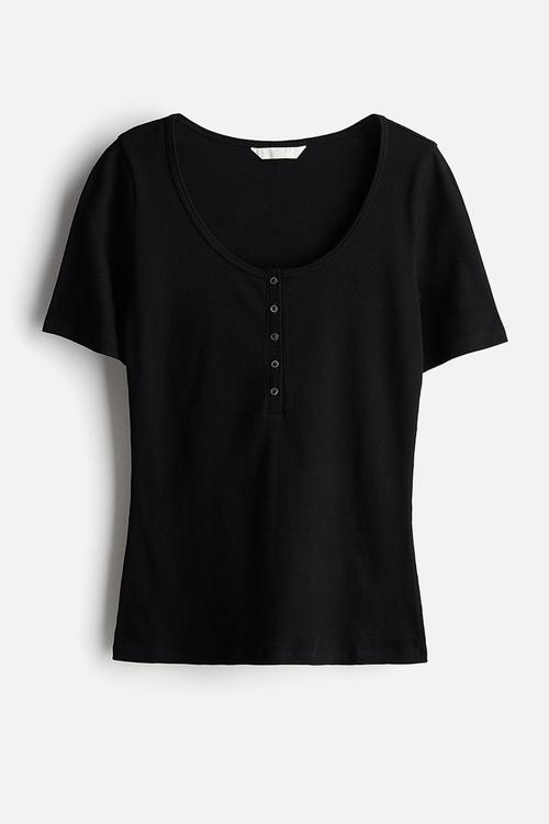 Ribbed henley top - black
