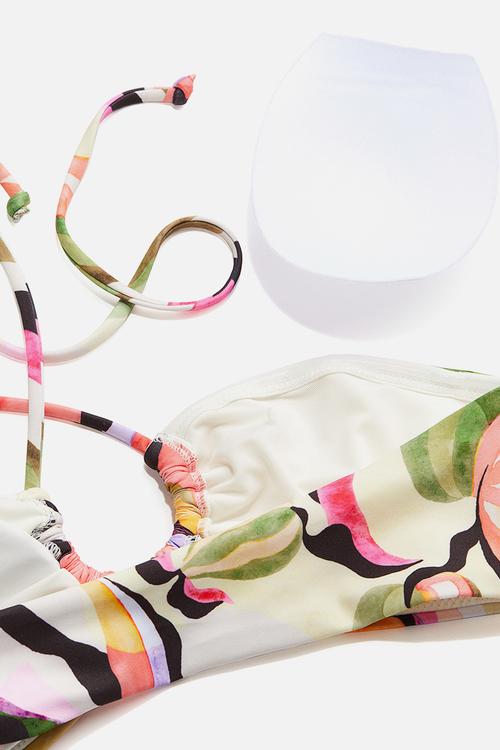 Padded halterneck bikini top - Cream Patterned