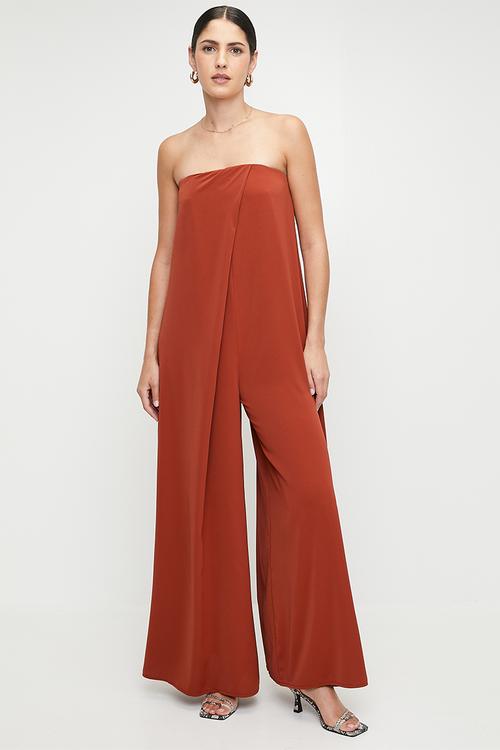 Bandeau pleat detail wide leg jumpsuit - brown