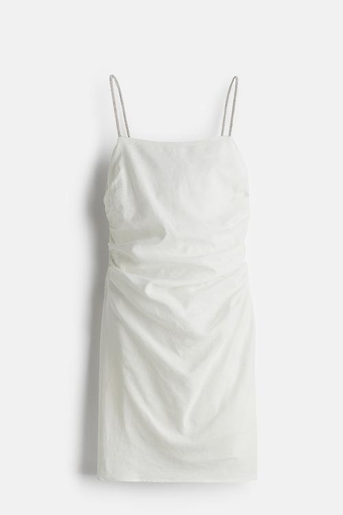 Linen-blend rhinestone-strap dress - cream